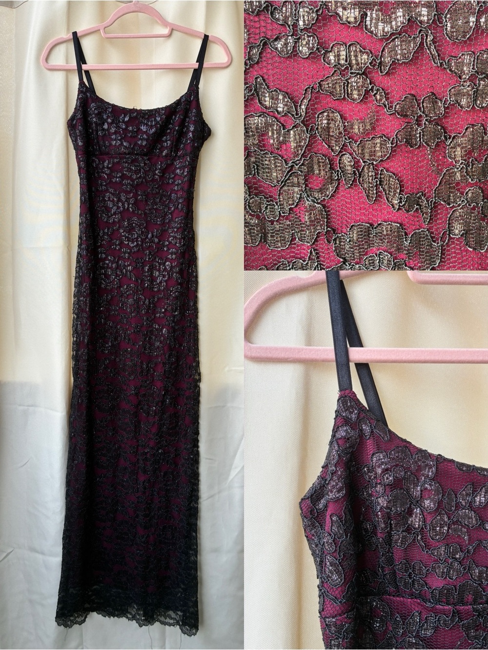 Vintage 90s Small Rampage Maxi Dress Gown Red Black Lace Overlay